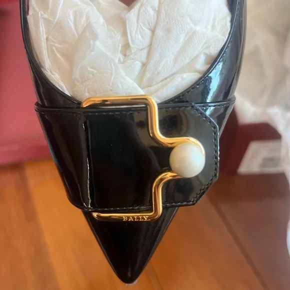 Bally Black Patent Pointed Toe Heels with Gold Trim & Pearl Accent - Picture 6 of 7